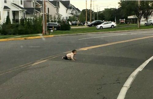 Bé trai một mình bò qua đường ở Lakewood, bang New Jersey, chiều 22/9 khiến tài xế hoảng hốt. Ảnh: SWNS.