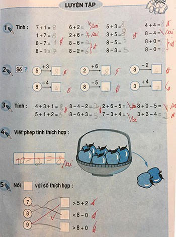 Sách Toán lớp 1 chi chít bài tập yêu cầu học sinh điền, cô giáo chữa ngay trên sách. Ảnh: Xuân Hoa