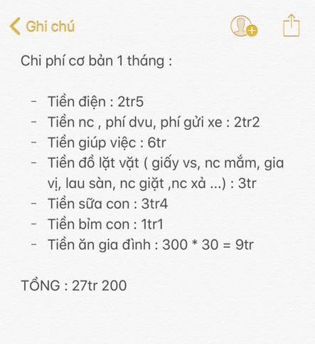 Bảng chi tiêu tham khảo của một gia đình có mức sống vô cùng thoải mái: tiền ăn hàng ngày tận 300k, điện hẳn 2 triệu rưỡi, chắc là đông thành viên chăng?