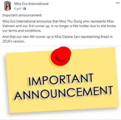 
Thông báo thu hồi danh hiệu Á hậu Miss Eco International của Thư Dung.
