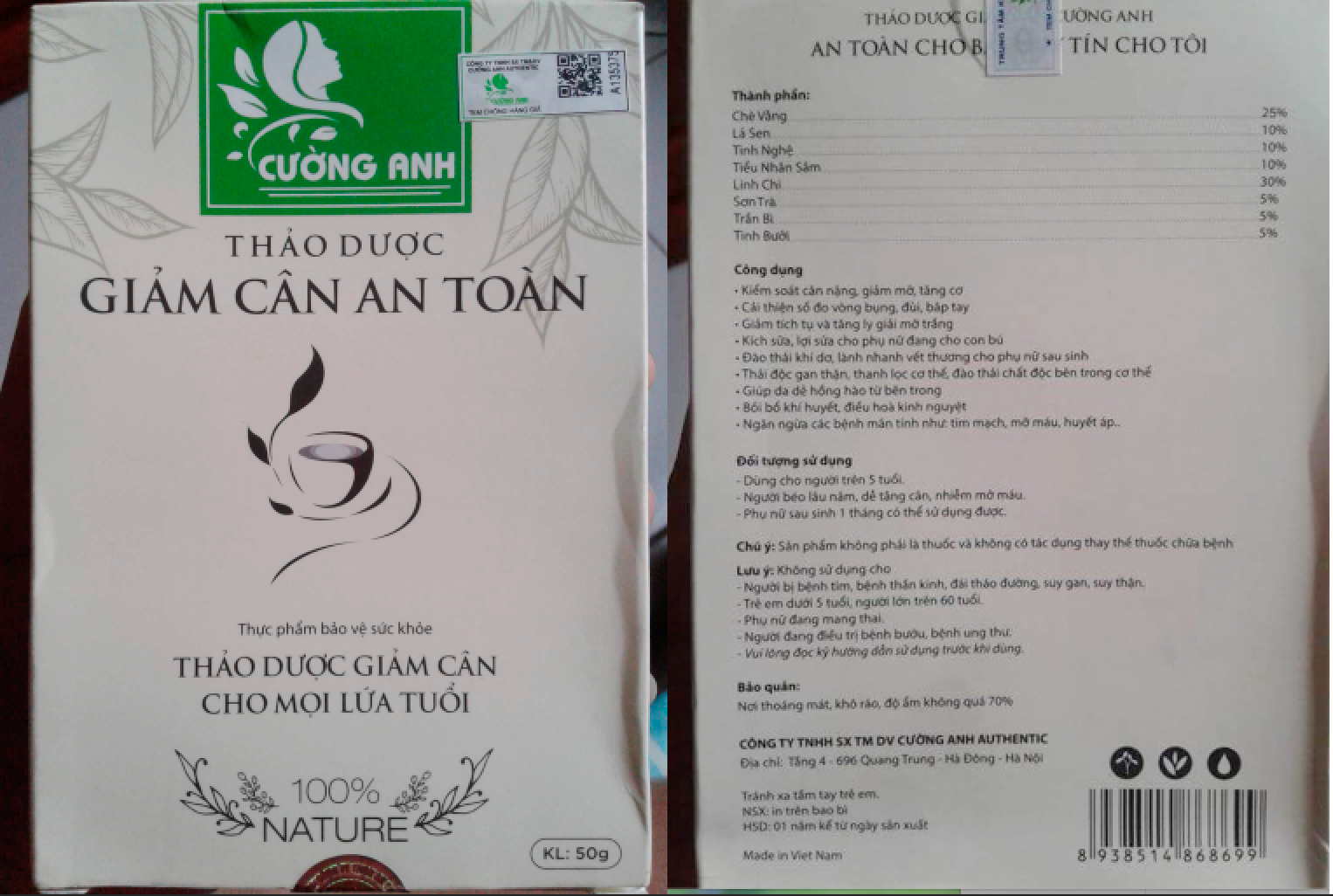 Hình ảnh mặt trước và sau sản phẩm Thảo dược giảm mỡ an toàn Cường Anh do độc giả cung cấp.