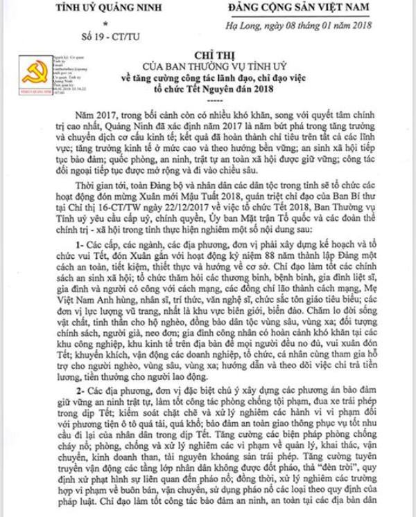 
Tỉnh ủy Quảng Ninh ban hành Chỉ thị nghiêm cấm việc tặng, biếu quà trong dịp Tết Nguyên đán. Ảnh: Đ.Tùy
