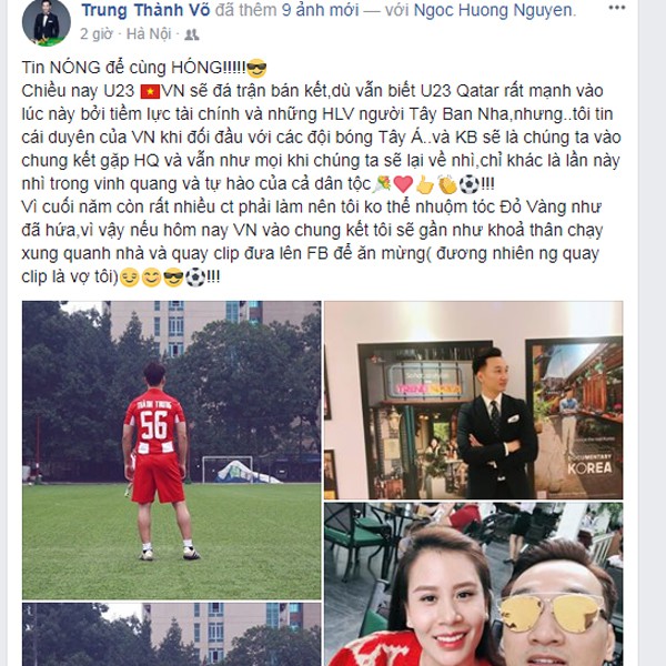
MC Thành Trung nói sẽ cởi đồ quay clip up lên mạng nếu U23 Việt Nam chiến thắng Quatar.
