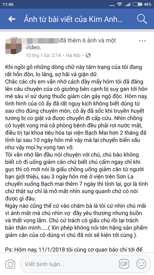 
Chủ tài khoản facebook đăng tải lên mạng xã hội sau khi chứng kiến một trường hợp nguy kịch vì dùng thực phẩm chức năng
