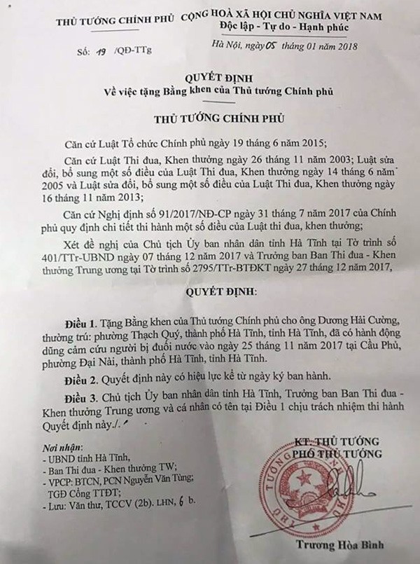 Quyết định tặng Bằng khen cho ông Dương Hải Cường của Thủ tướng Chính phủ.