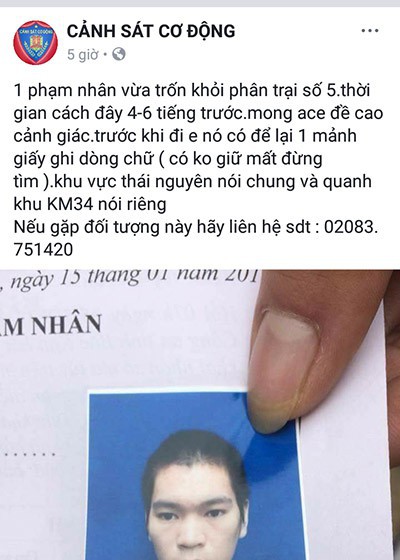 Thông tin đối tượng Đàm Văn Duy bỏ trốn trong quá trình cải tạo lao động được đăng tải trên fanpage có tên Cảnh sát Cơ động.