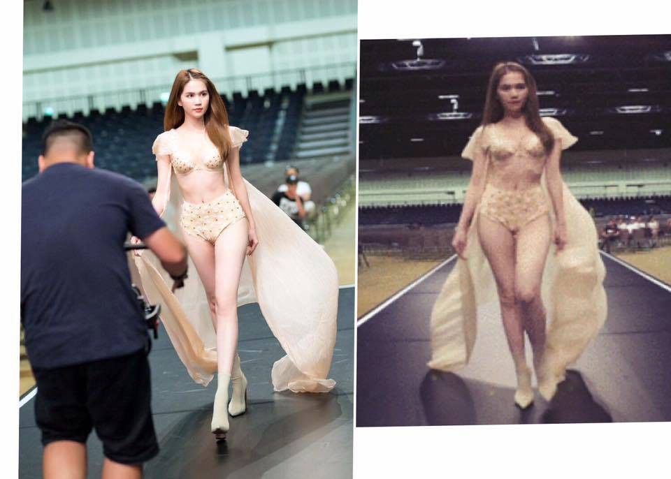 Đây không phải là lần đầu tiên cư dân mạng đứng hình khi nhìn ảnh ngoài đời thật và ảnh nữ hoàng nội y cùng ê-kíp chia sẻ trên các phương tiện truyền thông. Trong chương trình Đêm hội chân dài hồi tháng 6/2017, khi dàn mẫu được tiết lộ, có lẽ cái tên được trông chờ tỏa sáng nhất trong chương trình chính là Ngọc Trinh. Những hình ảnh Ngọc Trinh tập luyện cho đêm trình diễn khiến fan hết lời khen ngợi bởi nước da trắng không tì vết, thân hình bốc lửa với đôi chân dài miên man và vòng eo con kiến đáng ngưỡng mộ. Tuy nhiên, một số bức ảnh hậu trường chưa qua chỉnh sửa được chia sẻ trên mạng xã hội ngay sau đó đã bóc mẽ thân hình không mấy hoàn hảo của cô khiến người hâm mộ ngỡ ngàng.