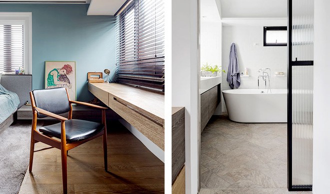 Góc cửa sổ được thiết kế thêm bàn làm việc không chân gắn tường, tiện lợi và gọn gàng nhưng cũng không kém phần hiện đại, sang trọng.