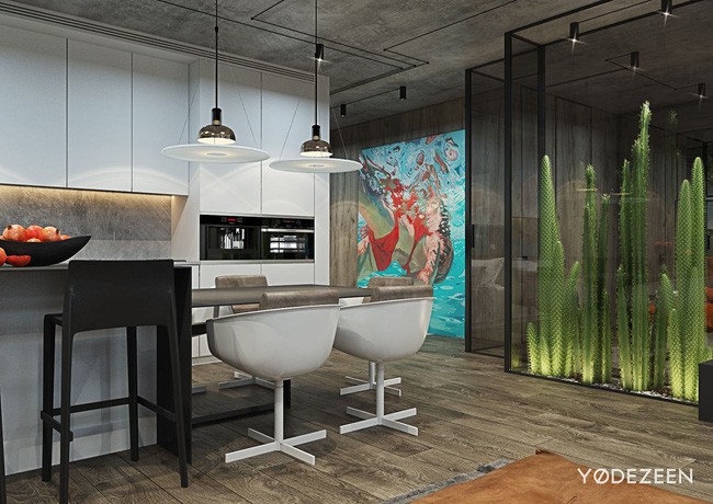 Bức tranh treo tường có hai màu xanh và đỏ tươi nổi bật giữa sa mạc sương rồng mang đến cái nhìn hoàn toàn mới cho không gian ngôi nhà.