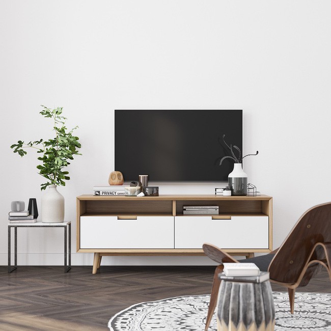 Kệ ti vi màu nhỏ gọn màu sồi trắng.