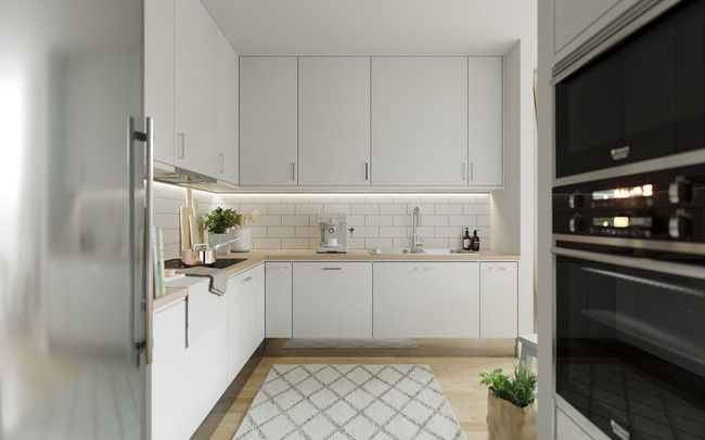 Tủ bếp với gam màu trắng kết hợp màu gỗ sồi.