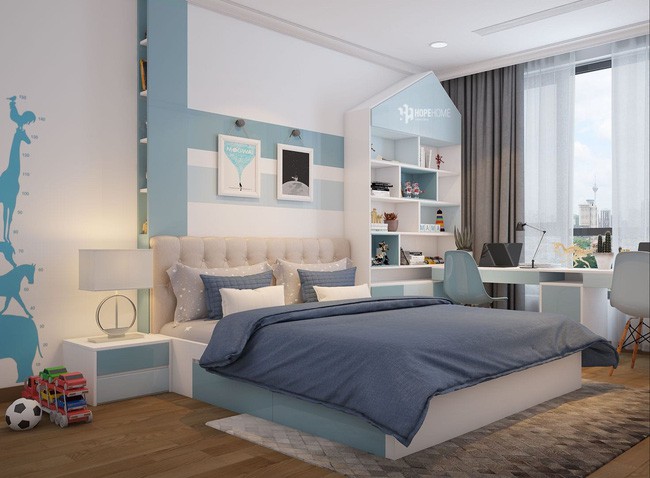 Phòng ngủ con trai với gam màu xanh hiện đại.