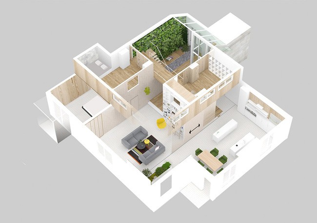 Toàn bộ không gian căn hộ được tái hiện trên bản vẽ 3D.