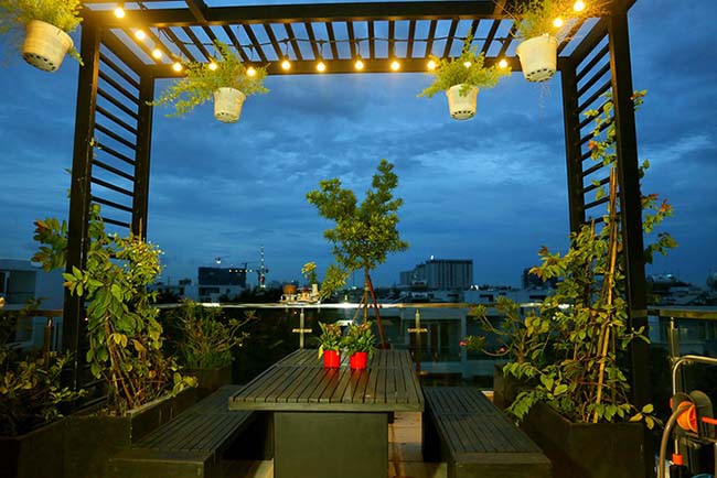 Khu vực sân thượng được trồng nhiều cây xanh, thoáng mát.