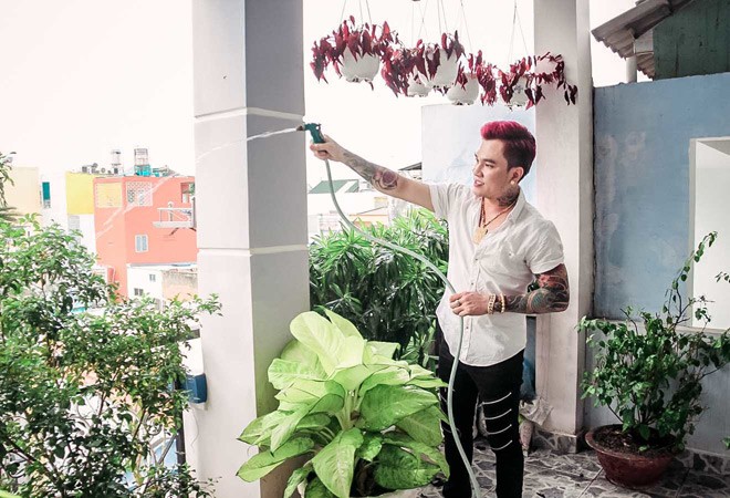 Trên sân thượng là không gian xanh mát với nhiều cây cảnh.