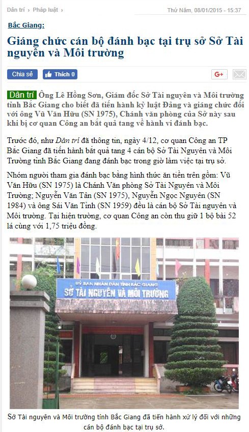 
Một bài báo thông tin về hành vi đánh bạc tại trụ sở trong giờ làm việc của ông Vũ Văn Hữu
