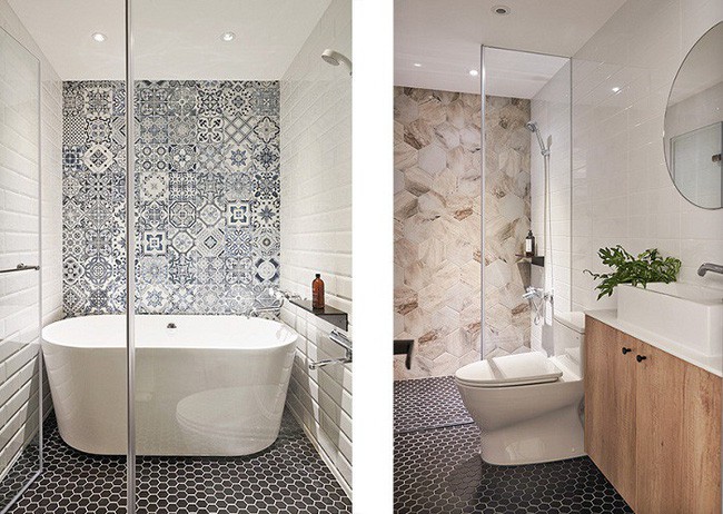 Tiếp tục là chuỗi không gian màu trắng vào tới phòng tắm. Những khác biệt ở chỗ, sàn lần này sử dụng hoa văn lục giác nền đen.