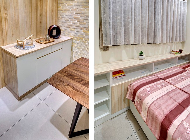 Góc nghỉ ngơi đẹp đơn giản, ngay ngắn với hệ thống kệ thiết kế khoa học.