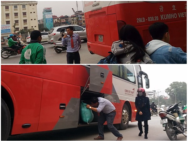Khoảng 16h15 ngày 18/1, chiếc xe khách Kumho Việt Thanh mang BKS 29LD-303.20 ngang nhiên dừng đỗ đón khách rất lâu tại khu vực cổng Trường Đại học Ngoại Ngữ. Thậm chí nhân viên nhà xe này còn ung dung xuống xe hút thuốc, sau đó mở cốp bốc xếp hàng hóa lên xe.