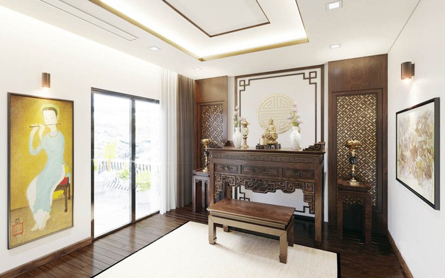 Phòng thờ trang nghiệm với tone màu trầm.