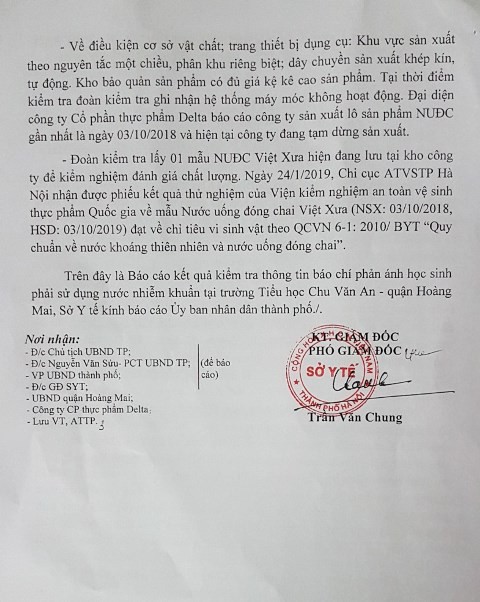 
Báo cáo của Sở Y tế Hà Nội khẳng định mẫu nước uống đóng chai Việt Xưa đạt chuẩn.
