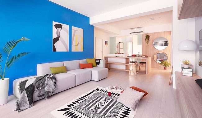 Góc không gian chính đẹp ấn tượng với điểm nhấn từ màu xanh biển.