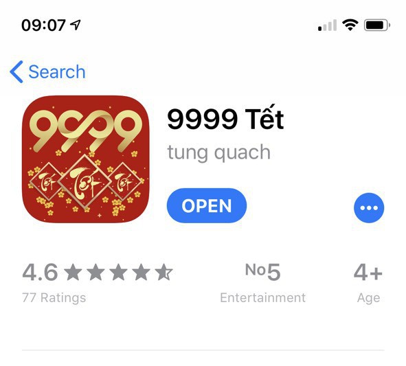 
App 9999 Tết nằm trong top 5 sau một ngày ra mắt.
