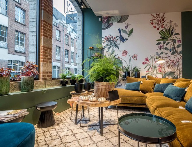 Góc nhỏ phòng khách được thiết kế bên ô cửa kính tràn ngập ánh sáng. Không gian chỉ sử dụng nhiều những chậu cây cảnh xanh tươi, nét tự nhiên của nội thất như bàn trà, giỏ cây, giấy dán tường, sơn tường kết hợp hài hòa với ánh sáng và sofa thiết kế theo phong cách hiện đại.