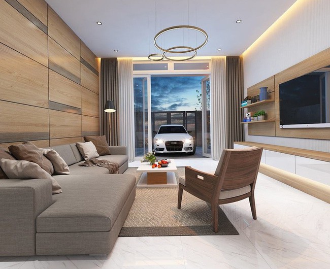 Phòng khách hiện đại với các vách trang trí bằng gỗ.