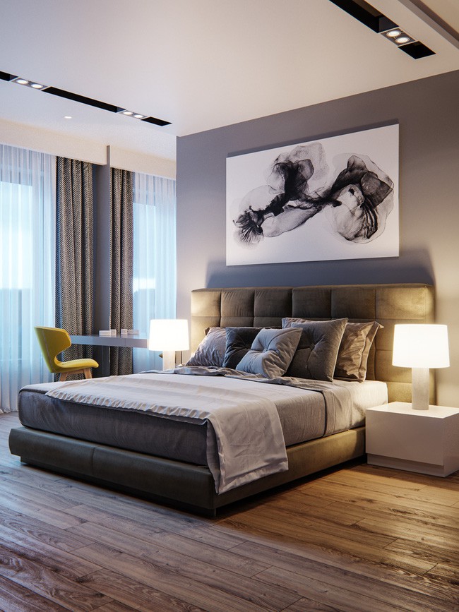 Phòng ngủ master được thiết kế với gam màu trầm.