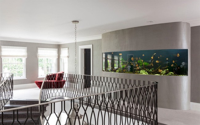 7. Ngay cả trên hành lang dẫn tới cầu thang, với một bức tường nhỏ ngăn cách thì chúng ta vẫn có thể biến tấu nó thành một bể cá sành điệu.