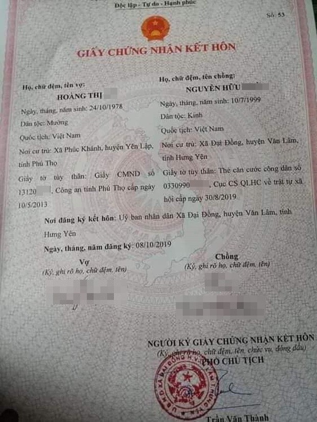 Xôn xao hình ảnh tờ giấy chứng nhận kết hôn của cô dâu 41 và chú rể 20 tuổi ở Hưng Yên - Ảnh 1.