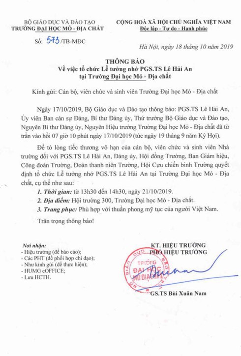 Trường ĐH Mỏ - Địa chất tổ chức Lễ tưởng nhớ Thứ trưởng Lê Hải An - Ảnh 2.