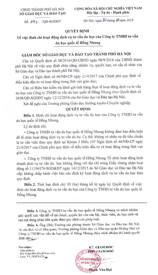 Quyết định đình chỉ hoạt động đối với công ty TNHH tư vấn du học quốc tế Hồng Nhung.