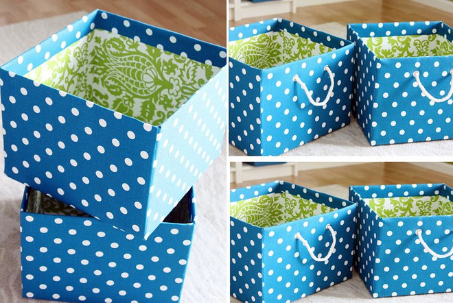 Bạn cũng có thể tái sử dụng những chiếc thùng giấy, và bọc cho chúng một lớp áo xinh yêu bằng giấy dán chấm bi hay giấy dán họa tiết hình học, phòng sẽ luôn gọn gàng và đẹp mắt. Những chiếc hộp này có thể dễ dàng di chuyển sang các phòng khác khi cần, hay có thể dễ dàng tìm ra bạn cất gì trong đó chỉ bằng một tờ giấy gắn mác bên ngoài.