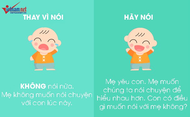 Cách nói Không nói nữa. Mẹ không muốn nói chuyện với con lúc này sẽ khiến trẻ nghĩ rằng cha mẹ không còn yêu chúng nữa. Điều này sẽ kéo theo hàng loạt những cảm xúc tiêu cực khác như trẻ nghĩ mình là người có lỗi, mình thật tồi tệ. Trong tình huống này, cha mẹ nên hít thật sâu, ôm con và cho phép con chia sẻ những điều chúng muốn bày tỏ.