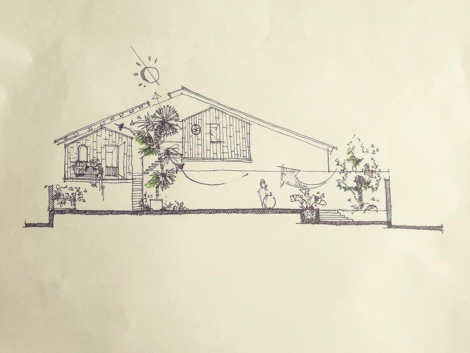 Với ý tưởng nhà tiệc”, kiến trúc sư quyết định thiết kế một ngôi nhà kiểu nhà dài của Tây Nguyên. Vì không có khoảng vườn rộng nên hai bungalow được treo lên khoảng không.