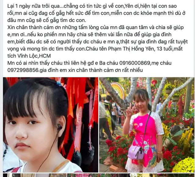 Thông tin người thân đăng tải tìm nữ sinh Phạm Thị Hồng Yên