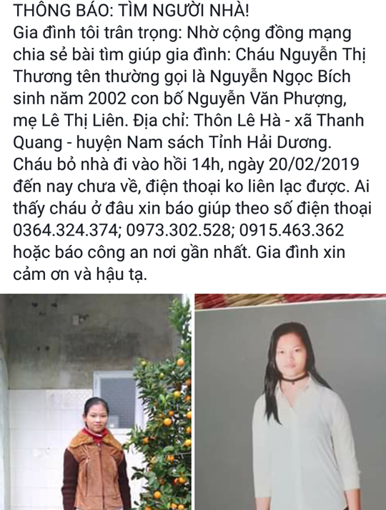 Sau khi không tìm thấy con gái, người thân gia đình anh Phượng đưa thông tin lên mạng xã hội nhờ mọi người giúp đỡ. Ảnh: Đ.Tùy