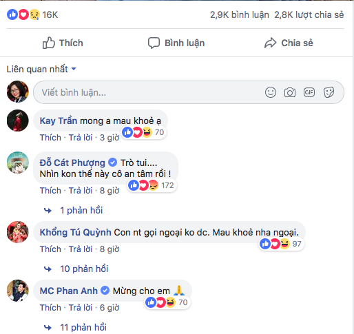 
Nhiều bạn bè trên facebook là người nổi tiếng như diễn viên Cát Phượng, ca sĩ Khổng Tú Quỳnh hay MC Phan Anh chia sẻ với tình trạng bệnh của nam ca sĩ
