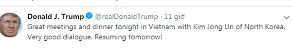 Ông Trump viết lên Twitter của mình về bữa ăn tối cùng Chủ tịch Kim Jong-un.