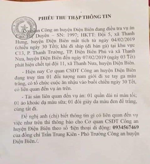 
Cơ quan công an phát đi thông báo, phiếu thu thập thông tin để truy tìm kẻ thủ ác.
