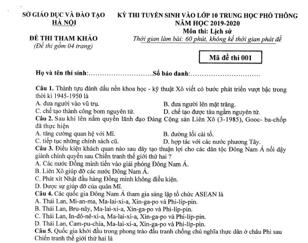 Đề thi minh tham khảo vào lớp 10 năm học 2019 - 2020 tại Hà Nội.