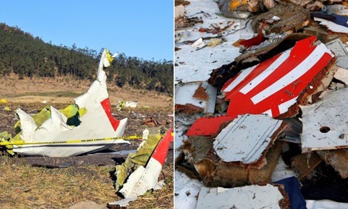Hiện trường vụ rơi máy bay ở Ethiopia ngày 10/3 (trái) và mảnh vỡ máy bay Indonesia tháng 10/2018. Ảnh: Reuters.