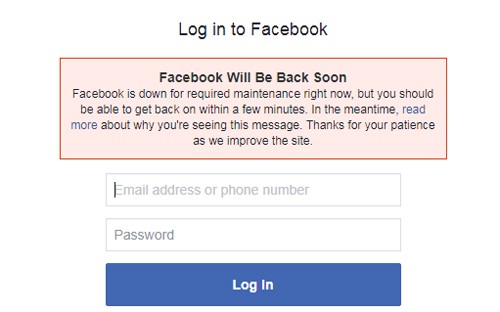 
Thông báo bảo trì trên trang đăng nhập Facebook.
