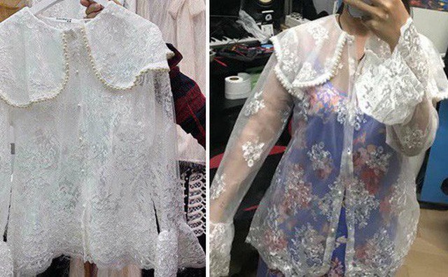 Bên trái là chiếc áo ren trắng bánh bèo được chủ shop quảng cáo và bên phải là chiếc áo xuyên thấu mặc như không mà khách nhận được.