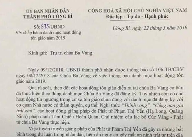 Công văn của UBND TP, Uông Bí ban hành yêu cầu chùa Ba Vàng chấm dứt cúng vong. Ảnh: Q.T