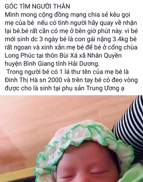 Sự việc cháu bé bỏ rơi trước cổng chùa trong đêm được bạn đọc chia sẻ trên mạng xã hội để người thân đến nhận lại. Ảnh: Đ.Tùy