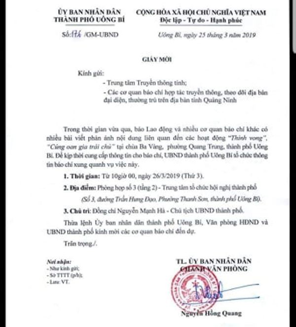 Vào 10h trưa mai (26/3), UBND TP. Uông Bí tổ chức họp báo vụ thỉnh vong xảy ra tại chùa Ba Vàng. Ảnh: Đ.Tùu