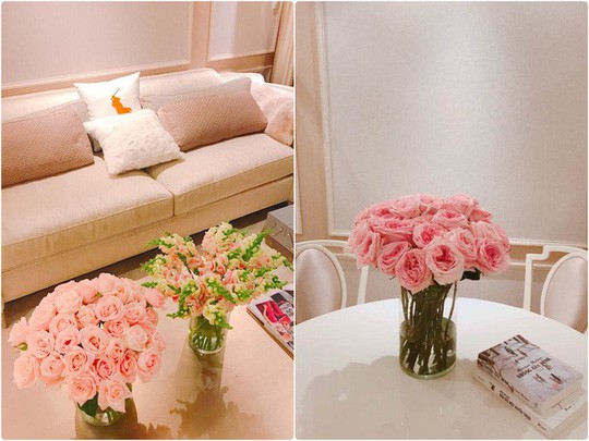 Nhờ tông pastel, căn hộ đẹp nổi bật với những lọ hoa tươi.
